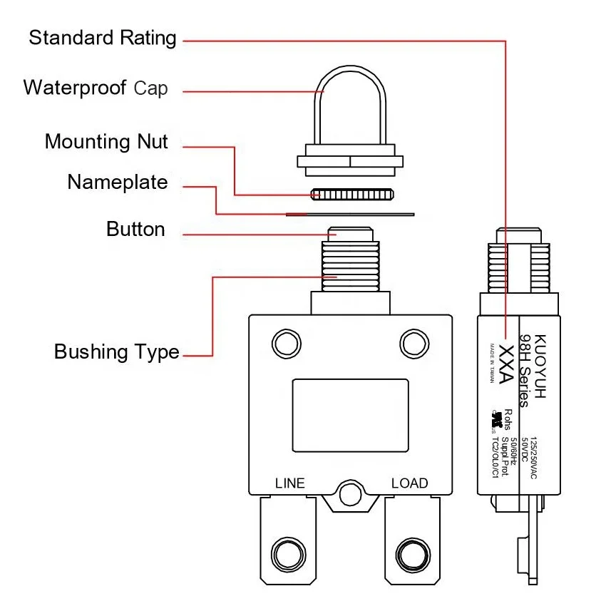 KUOYUH 98H 70A Manual Reset Thermal Overload protector switch straight pin screw pin 60A 80A automatic reset Circuit Breaker