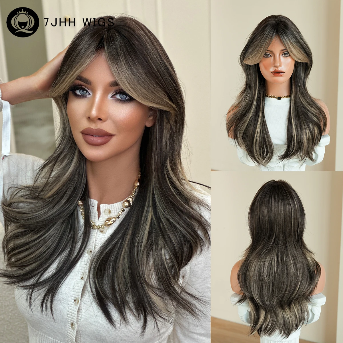 Schulterlange, glatte, schwarze Perücke mit blonden Highlights für Damen – Synthetische, modische Perücke mit Mittelscheitel und Vorhang-Pony