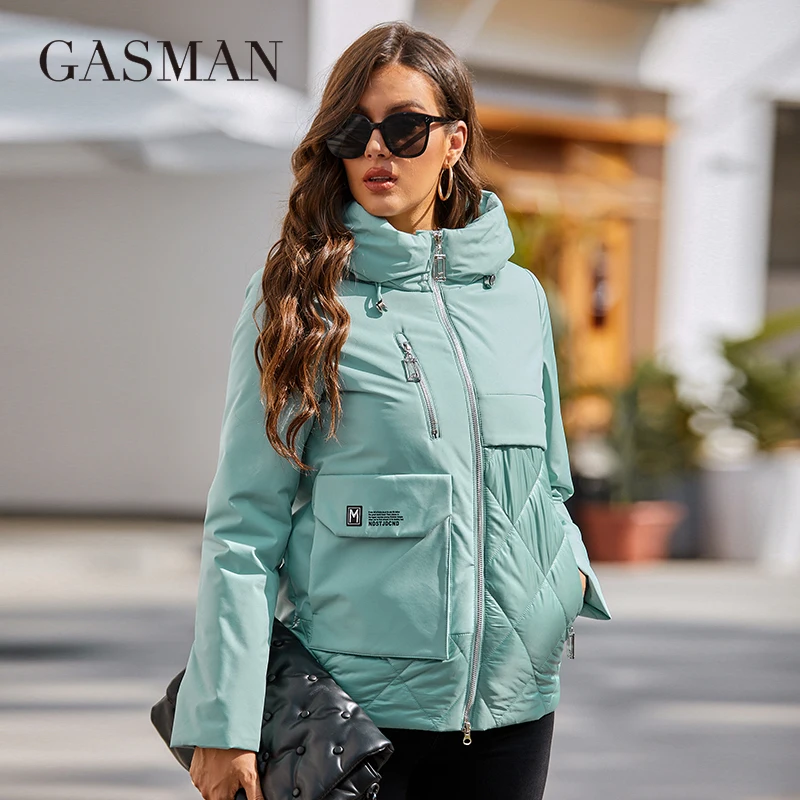 

GASMAN 2022 New Women's spring jacket short Casual Fashion Coat women Windproof Warm printing Hooded splicing Design Parka 8219