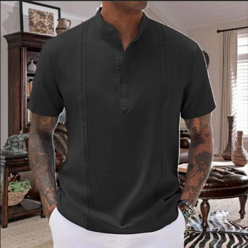 Men\'s Summer Lapel Casual Short Sleeve Henry Collar Solid Guayabella High Quality Fashion Cotton Linen Pullover Shirt Top