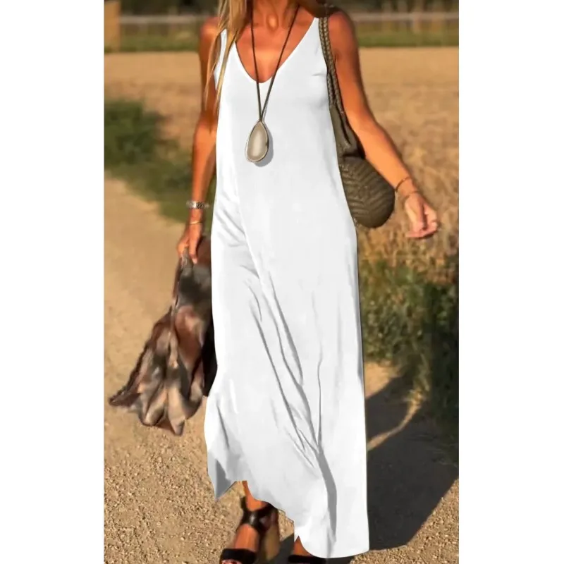 فساتين طويلة غير رسمية بحمالة ملونة لعام 2025 فستان نسائي صيفي مثير بياقة على شكل V فستان ماكسي للحفلات بدون أكمام فستان فضفاض للعطلات #4