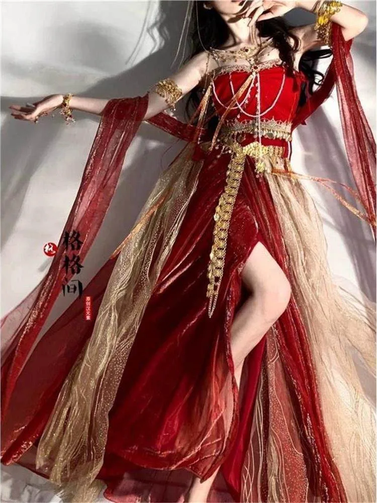 

Экзотические костюмы для танцев в стиле Ханьфу, вдохновленные западными регионами, для фотосессий и выступлений в студии.