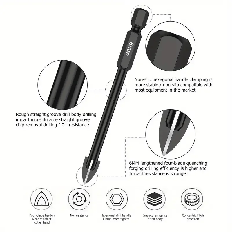 5pcs/10pcs Cross Hex Drill Bit Set For Tile Porcelain Glass Mirror Multifunction Tile Porcelain Drill Bit Kit