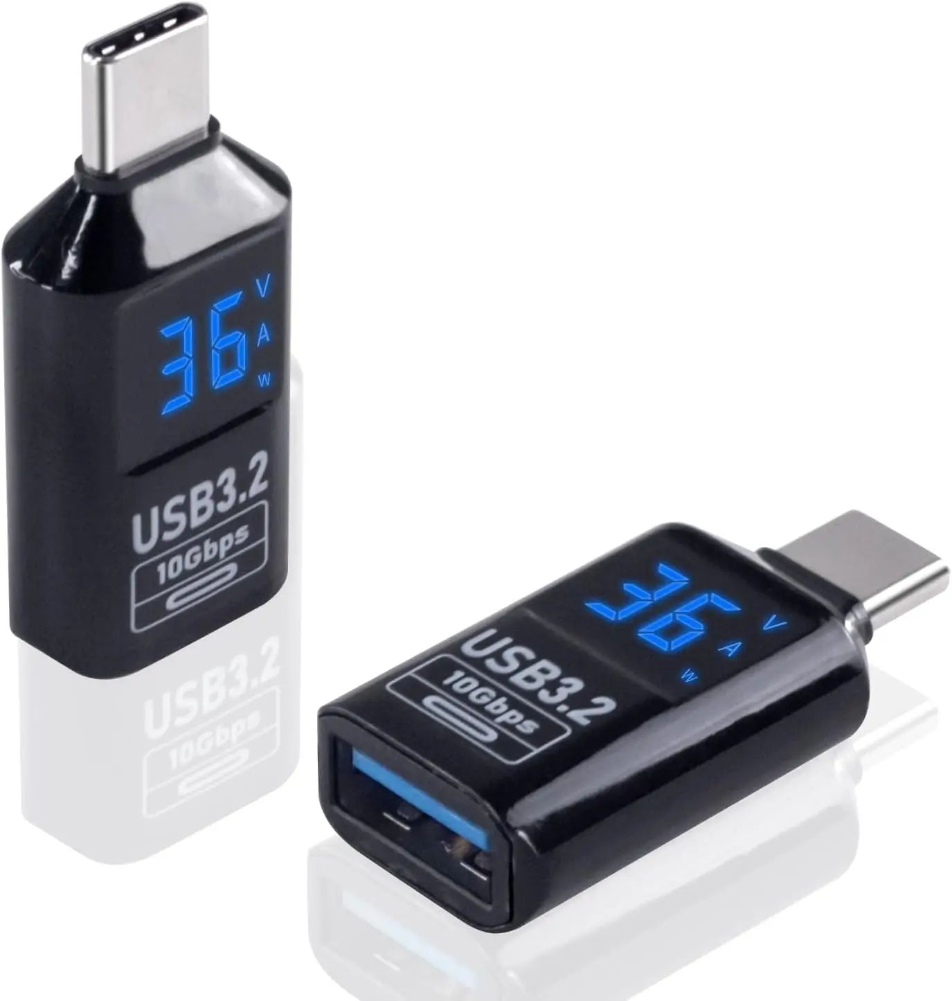 Paquete de 2 adaptadores USB C a USB A con pantalla digital LED, adaptador USB C macho a USB hembra de 10Gbps, USB C no direccional a USB 3.2