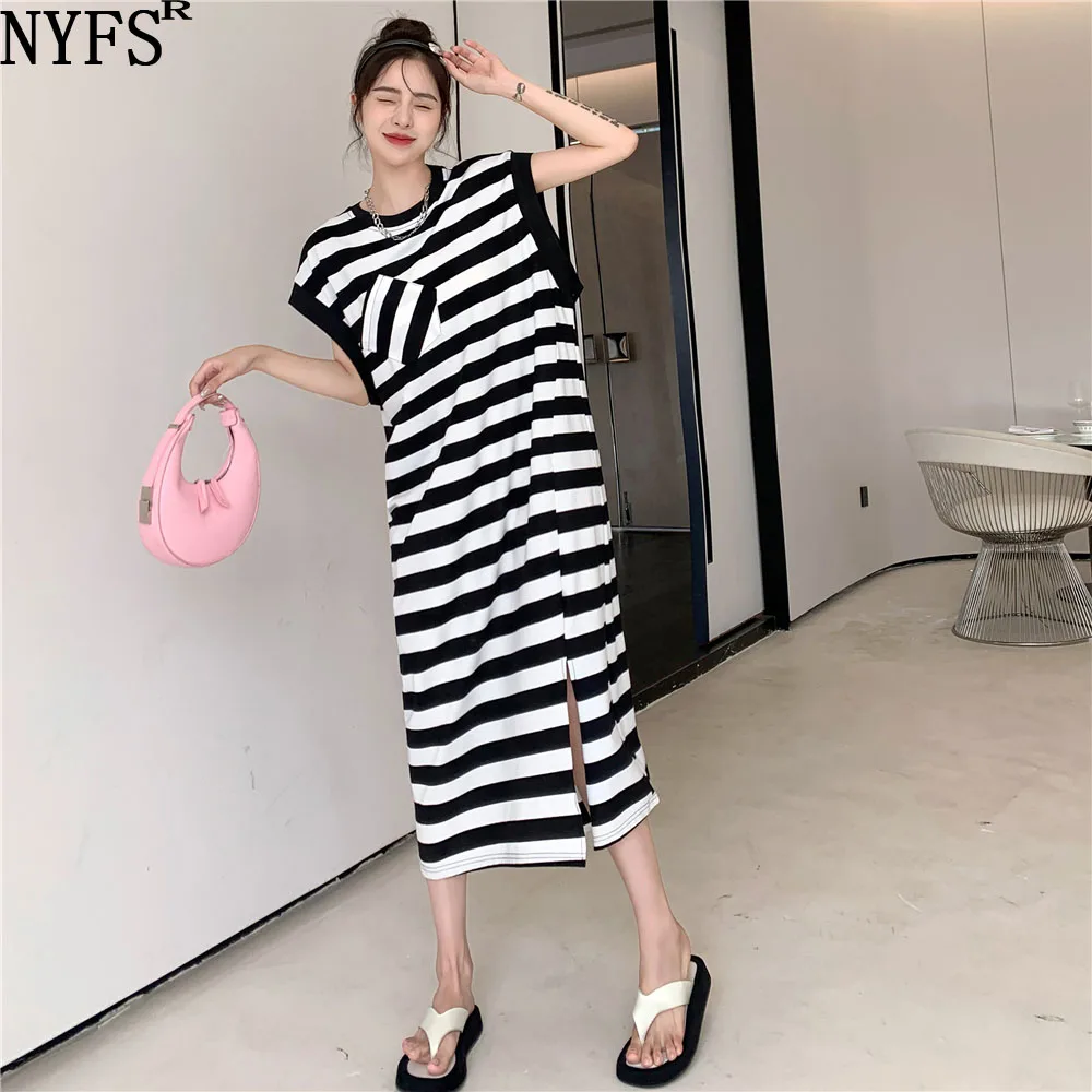 NYFS 2024 Summer New Korea Woman Dress Vestidos Robe Elbise Cotton Loose Plus Size Stripe Sleeveless Split Long Dresses