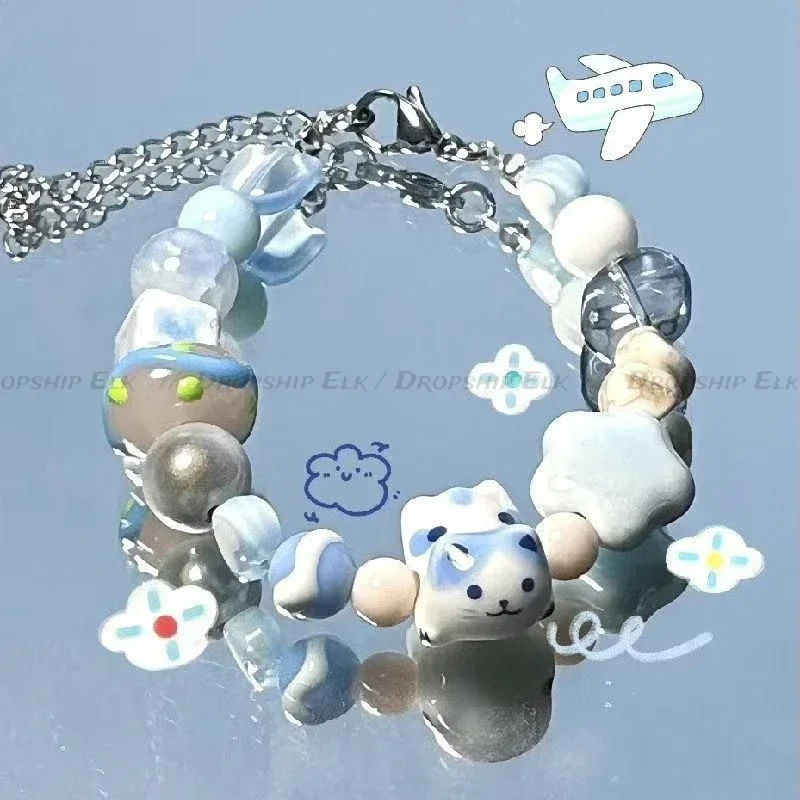 Pulseiras de strass estrelas para mulheres, grânulos de coração gato preto, moda doce Dopamina Cool, presentes bonitos dos desenhos animados, verão