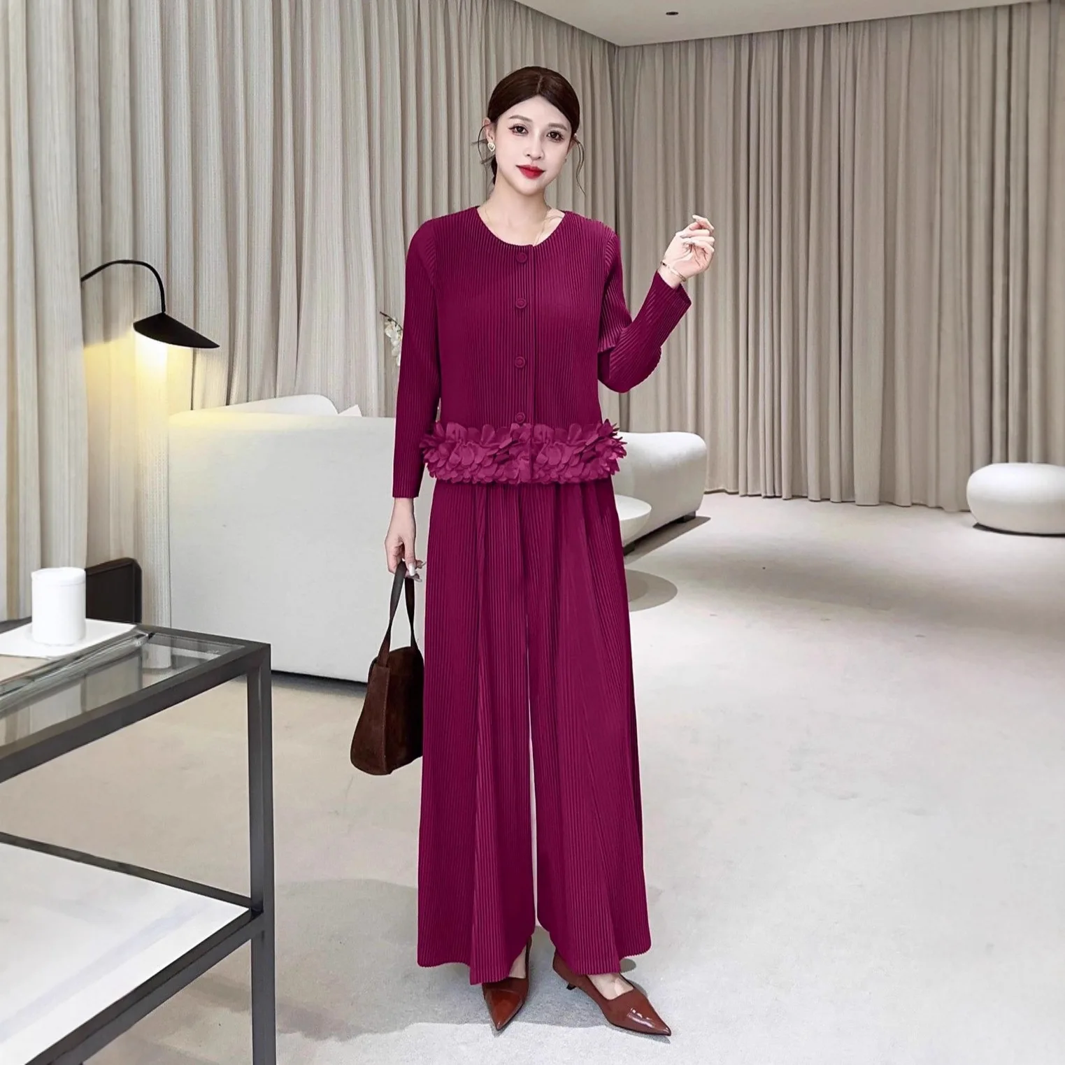 Miyake haut de gamme à la mode automne nouveau costume femmes boutonnage veste à manches longues + taille haute pantalon à jambes larges ensemble deux pièces