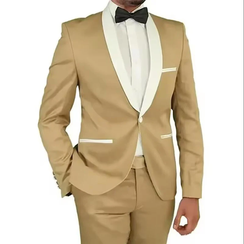 

New Wedding Suits for Men Champagne 2 Piece Jacket Pants Sets One-Button Shawl Lapel Slim Fit Elegant Formal Party Blazer Terno