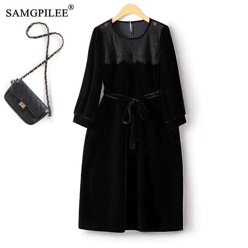 

Retro Female Dress 2023 Autumn Winter New Lace Stitching Velvet Draping Tie Waist Slim Elegant And Pretty Women's Dresses 4XL