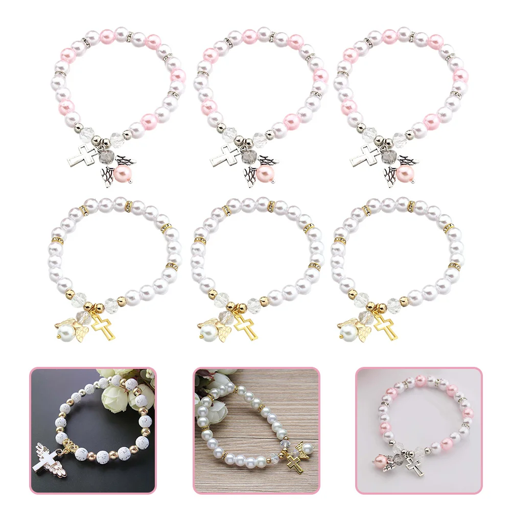 

6pcs Rose Beads Bracelets Angel Wing Charms White Pink Hand Chains for Baby Baptism Stylish Jewelry Women Girls