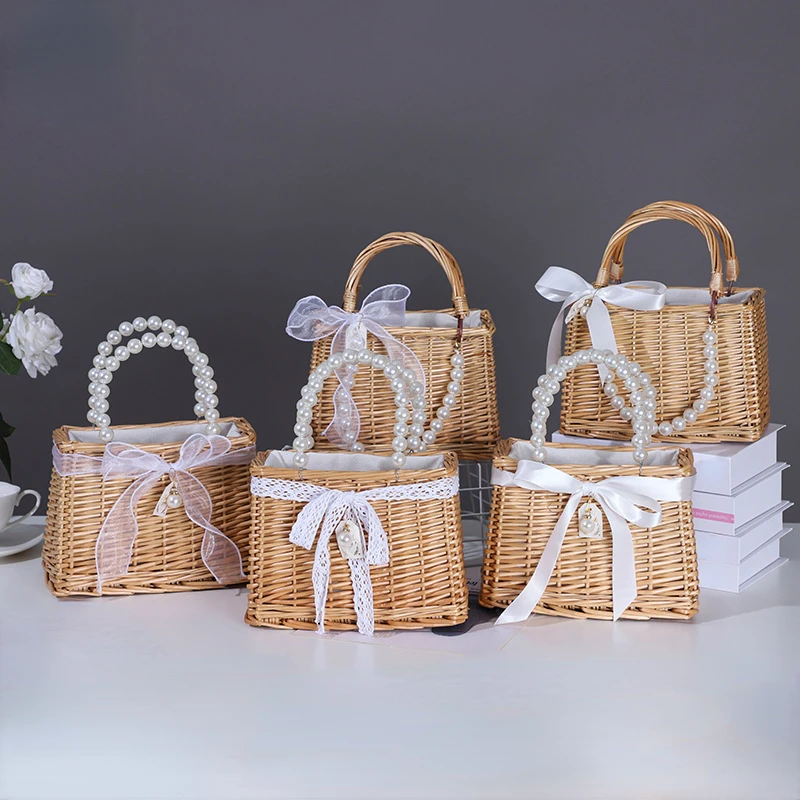 Straw Tote Hand Bags for Women Rattan Weaving Basket Purse Handbag Ladies Pearl Handle Beach Ribbons Clutch Bag