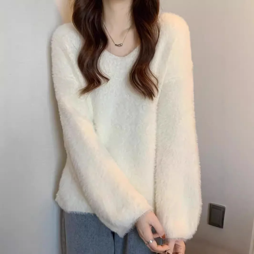 

Imitation Mink Fur V-Neck Women's Autumn And Winter New Item Thick Warm Sleeved Long Haired Knitted Sweater Loose Base Top