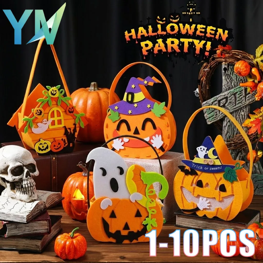 Bolsa de Fieltro para Golosinas de Halloween, 1-10 Unidades, para Niños, con Forma de Calabaza, Porta Dulces, Bolsa de Regalo, Bolsa de Fiesta