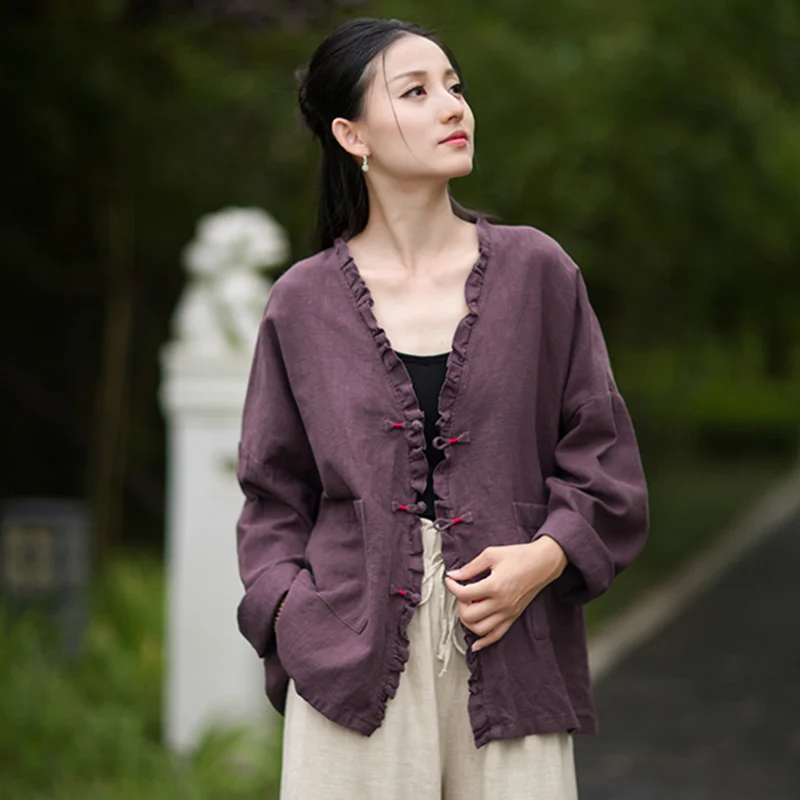 Printemps automne coton lin ample Style chinois Blouse femme surdimensionné coton lin ouvert Cardigan à manches longues femmes chemise haute