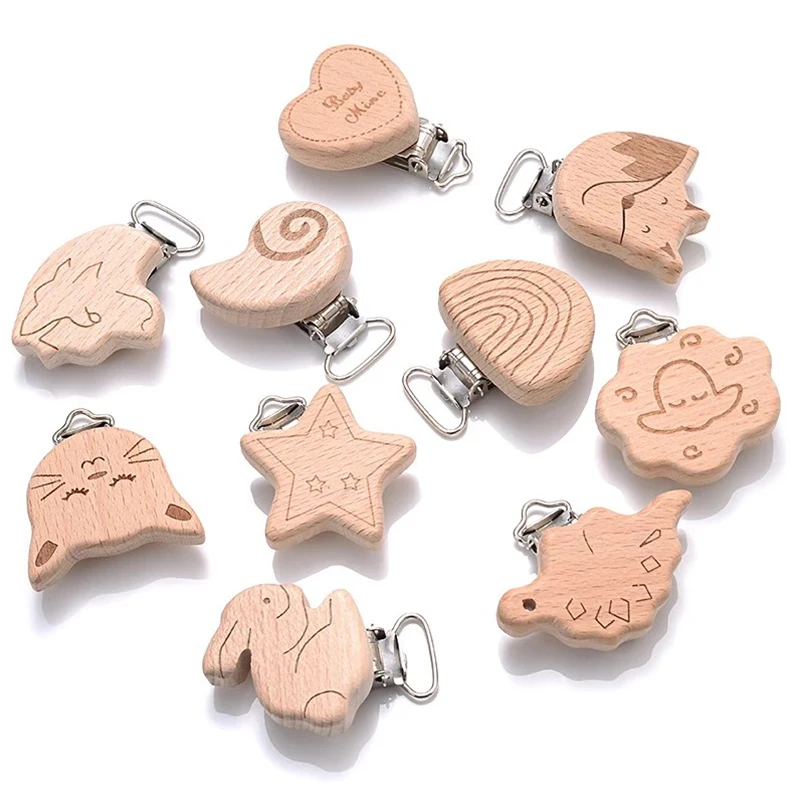 5Pcs Wooden Pacifier Clip Food Grade Natural Beech DIY Soother Accessories for Baby Teething Pacifier Chain Dummy Holder Clip