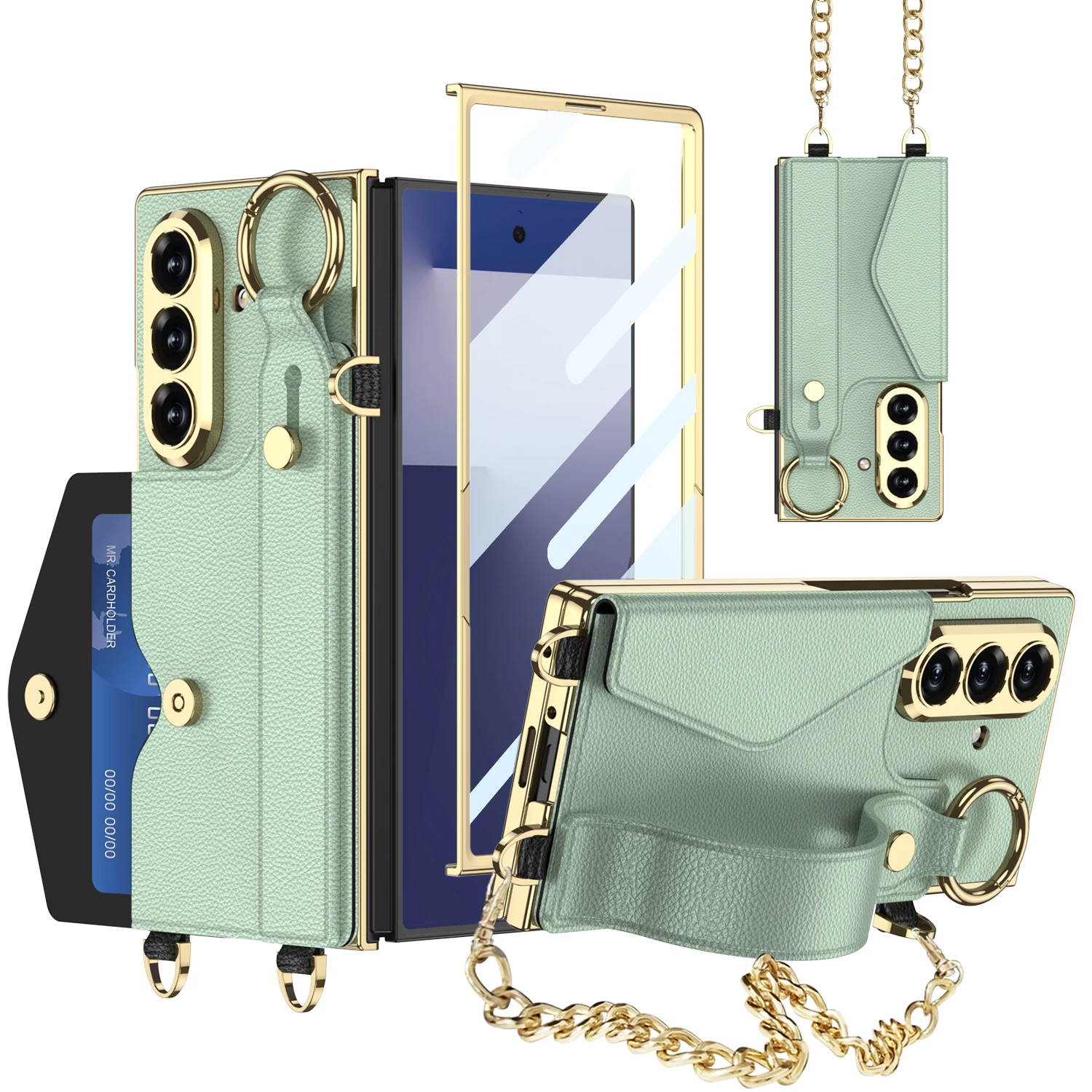 

gk Leather Metal Chain Wristband Plating Case For Samsung Galaxy Z Fold 7 Card Holder Screen Glass Cover For Galaxy Z Fold7 Case