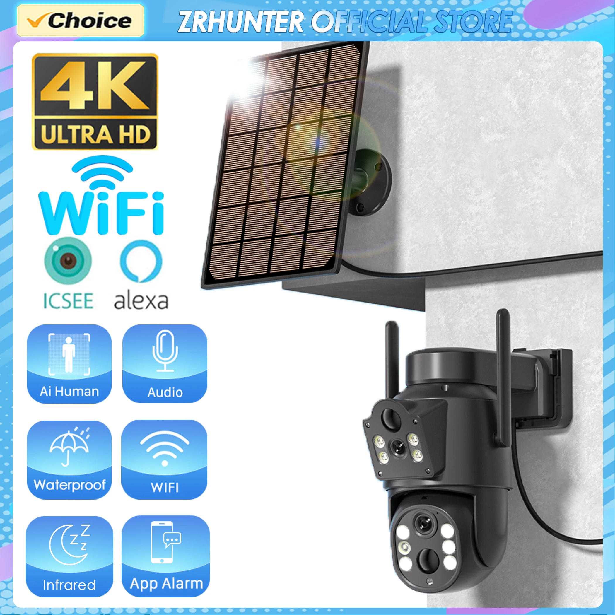 4K HD Solar WiFi Camera Outdoor Built-in Battery Dual Lens Recharge Battery PIR Human Detection PTZ Video Surveillance iCSee