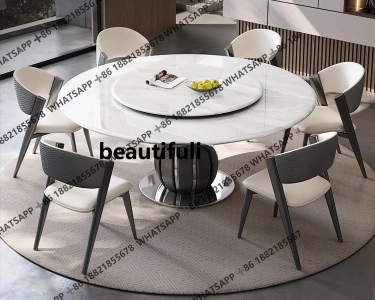 High-end supercrystalline stone dining table Italian light luxury marble round table solid wood luxury stone