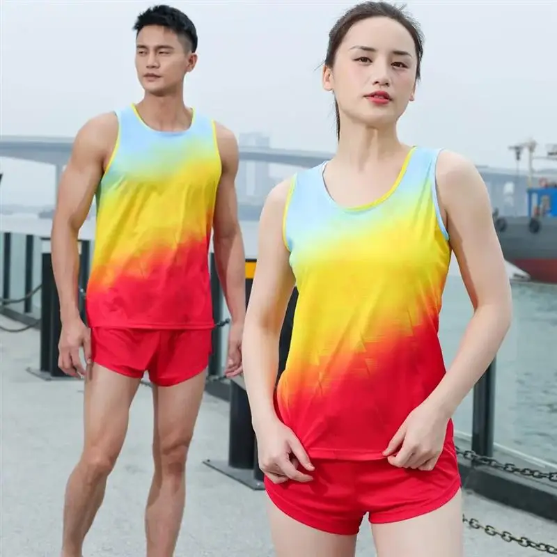 Langmao Athletic Running Set Men Women Competition Marathon Track Field Singlet Set Sportswear Sprint Running Tank Top And