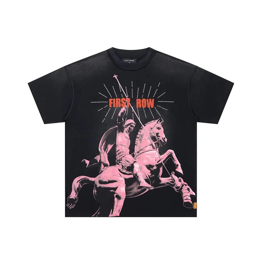 High Quality Vintage Black Rhinestone Tee Men FIRST ROW Graphic Print T-shirt Retro Y2K Streetwear Loose Crew Neck Casual Shirts