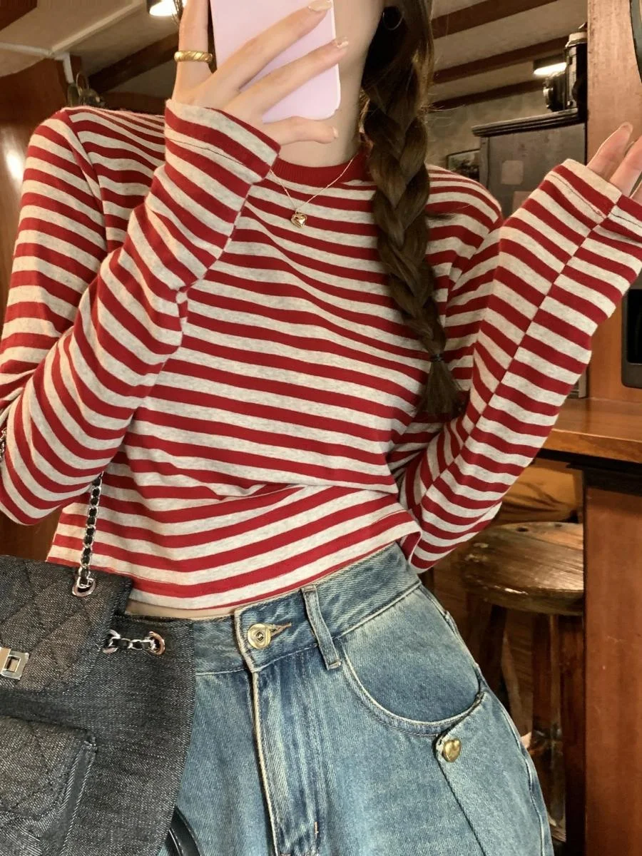 

Женская футболка с длинным рукавом в цветную полоску, повседневная, приталенная, базовая, для ношения под одеждой, студенческий топ на осень 2023 года