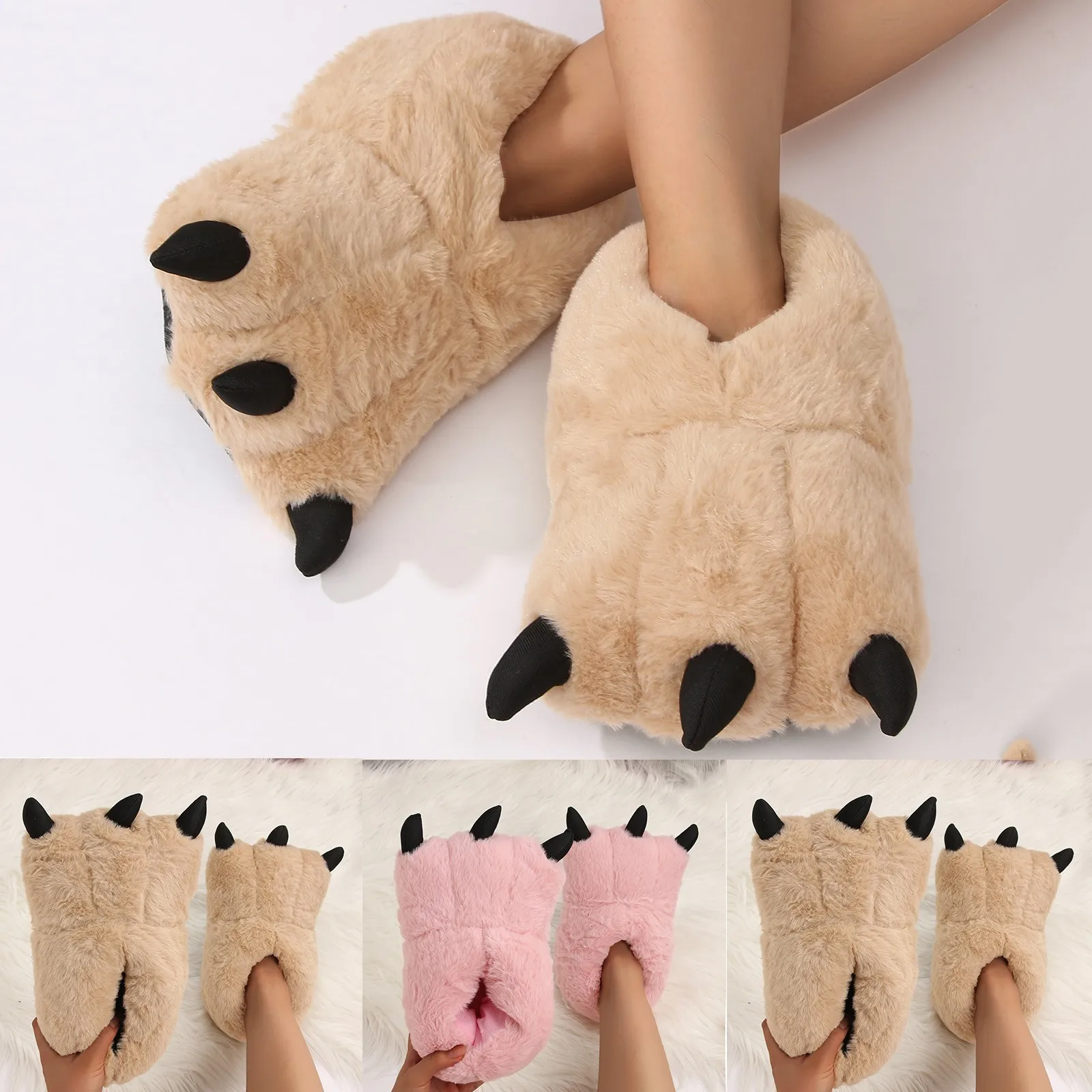 Women Cotton Boots Fur Slides Creative Cute Bear Claw Winter Slippers Boys Girls Home Slippers Furry Warm Couple Indoor Shoes