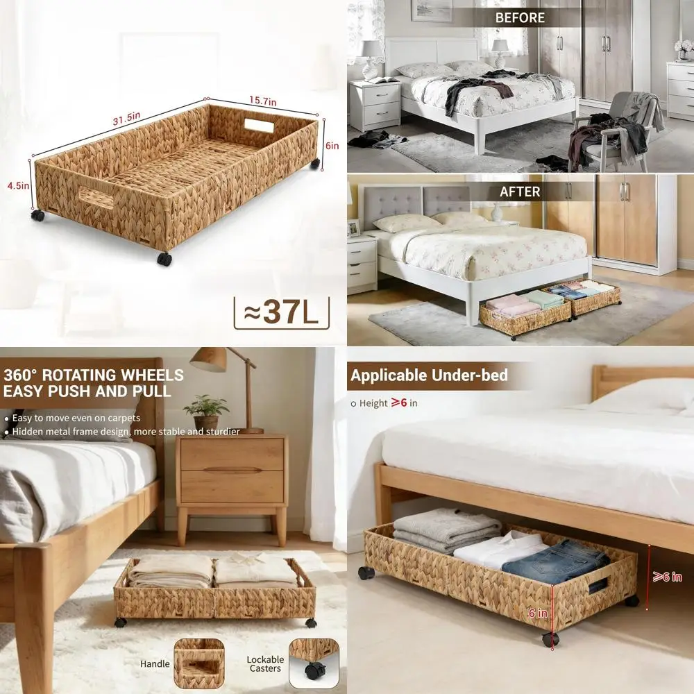 

Большой выдвижной ящик для хранения под кроватью на колесиках, 31,5 дюйма, плетеный органайзер из водяного гиацинта для обуви и одежды