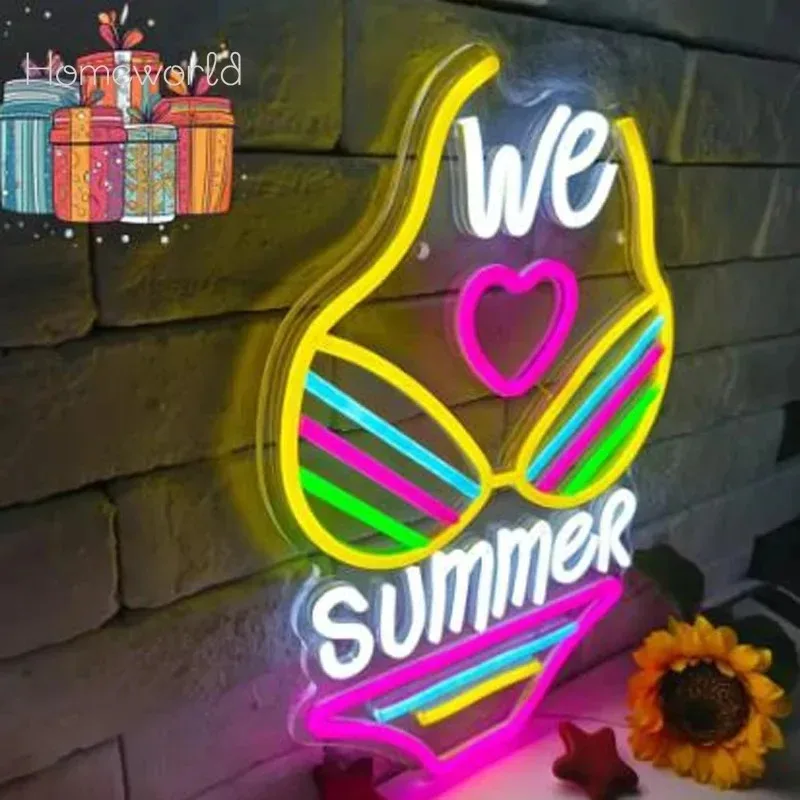 We  Love Summer Neon Sign Bikini Shape Luminous Neon Light  LED for Swimwear Store Pool Party ,beautiful Girl Room Party Decor
