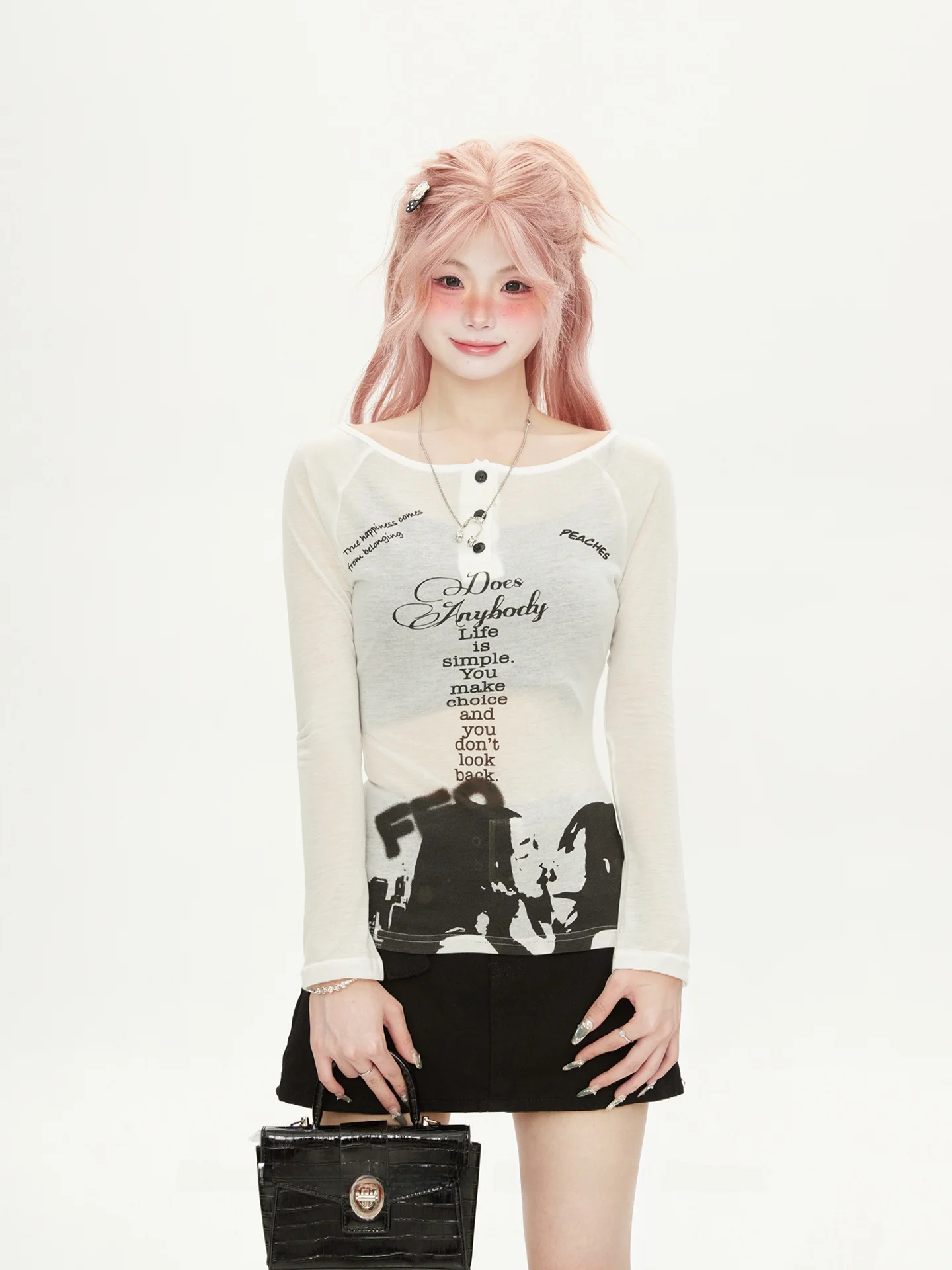 Slim Fit Long Sleeve T-Shirt Women's Spring Autumn Thin Micro Transparent American Print Cover up Top Korean Style Commute