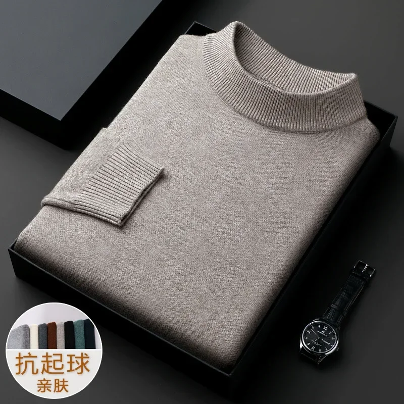 New 2023 Men's Mock Collar 100% Pure Woolen Sweater Tops Autumn Winter Cashmere Sweater Men Pullover Knitted Warm Sweater Male