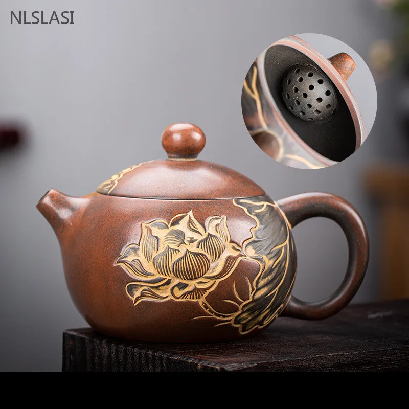 High Quality Crude Pottery Tea Pot Hand-embossed Lotus Filter Kettle Chinese Ceramic Tea Accessories Custom Beauty Teaware