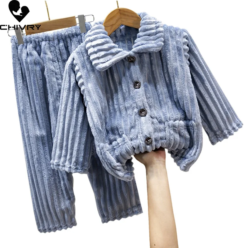 New 2022 Kids Boys Girls Autumn Winter Soft Coral Fleece Warm Pajama Sets Solid Lapel Tops with Pants Sleepwear Pyjamas Clothing