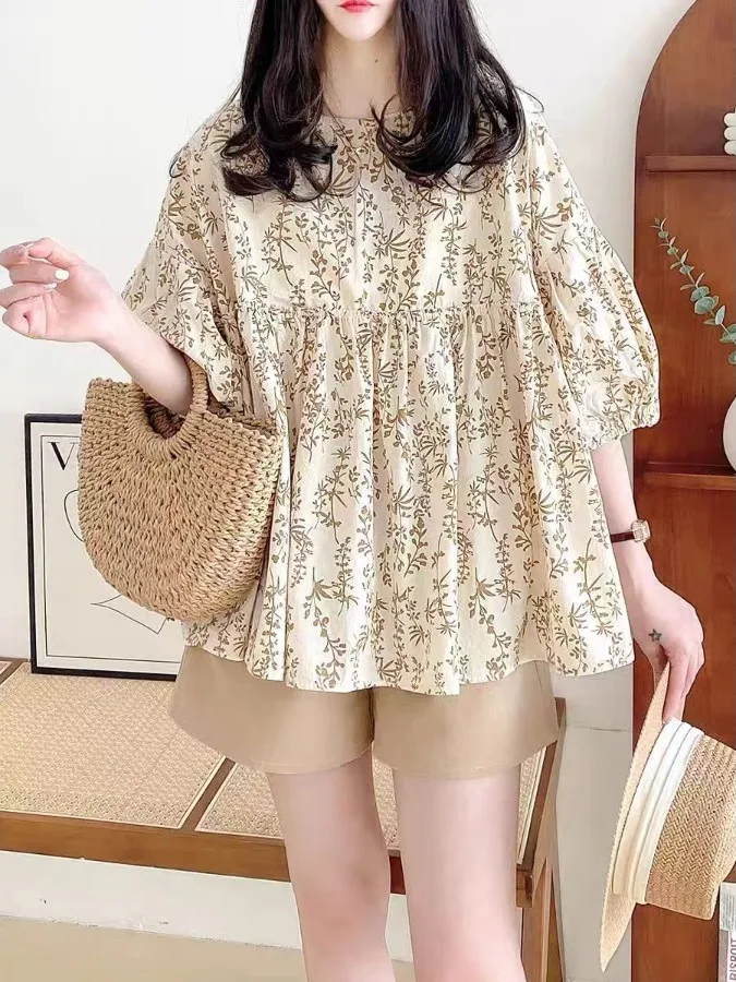 

Sweet Floral Print Doll irt round Ne Lantern Sve Women's Summer Casual Loose Fit ort Sve irt for Women