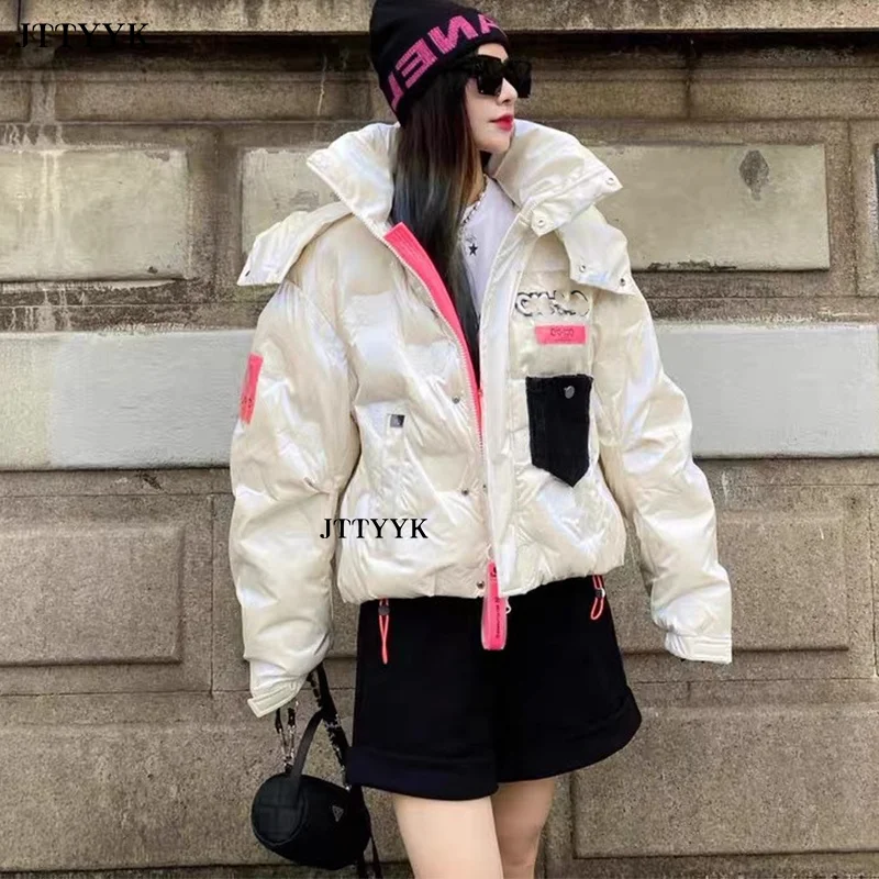 Fashion Bright Black Down Jacket Thick Women Short 2023 New Letter White Duck Down Coat Winter Warm Outerwear Feather Parkas