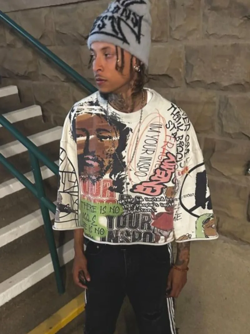 Y2K T Shirt Mid Long Sleeve Men Women Punk Hip Hop Graffiti Style Graphic Printed Oversized T Shirt Harajuku Loose Short MN5X