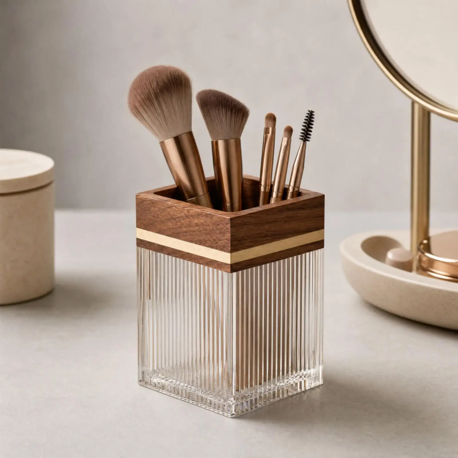 Light Wood Top Clear Fluted Brush Holder Cosmetic Organizer for Vanity Desk Makeup Storage Countertop Space Saving Design