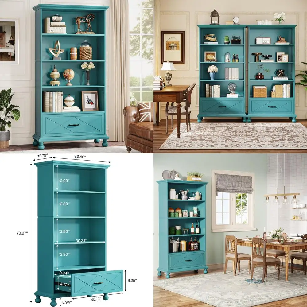 خزانة كتب مكونة من 6 أرفف مع درج، قائمة على الأرض بطول 71 بوصة، وأرجل من الخشب الصلب، ورف عرض كبير مفتوح #1