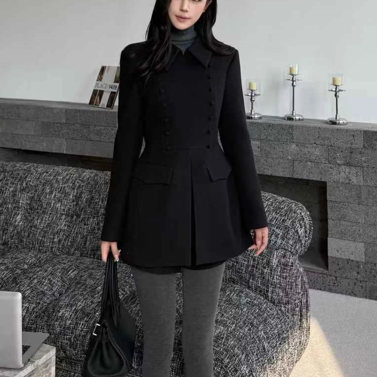 BJJTZ Trench Coat feminino de inverno 2025, jaqueta elegante com gola entalhada de designer de alta qualidade, quente e confortável