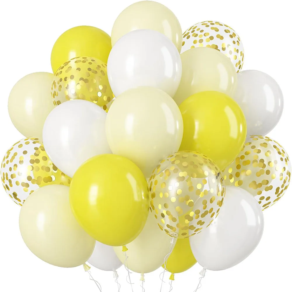 60 Yellow Balloons, 30.48cm Yellow and White Party Balloons, Light Macaron Yellow White Golden Confetti Helium Latex Balloon Set for Baby Shower