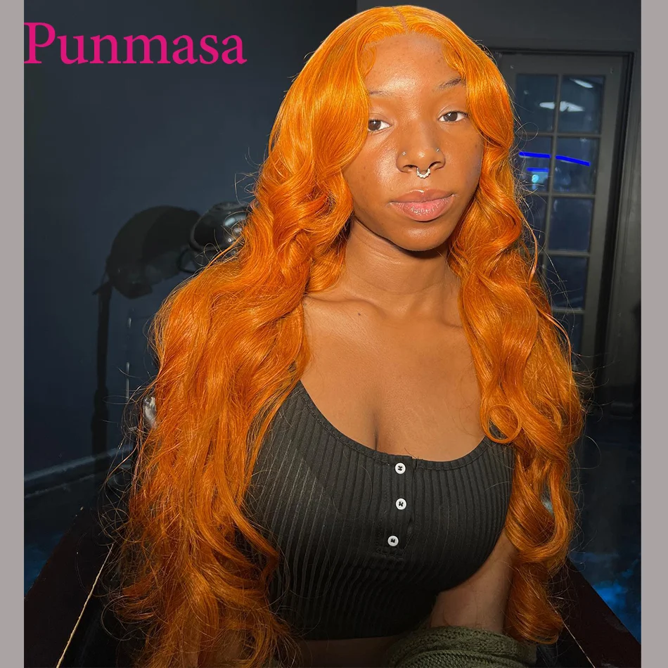 Punmasa 34 Inch Ginger Orange Peruvian Hair 200% 13x6 Lace Front Wig Body Wave 13x4 Wear Go Human Hair Transparent Lace Wigs