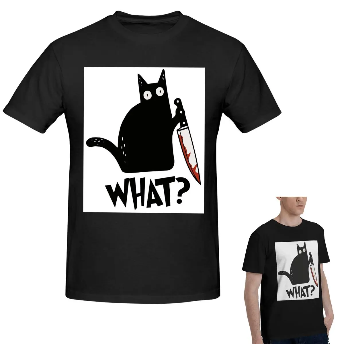 

100% хлопок Cat What Murderous Black Cat With Knife Футболка Мужская забавная футболка большого размера Мужские летние рубашки с круглым вырезом Топы S-6XL