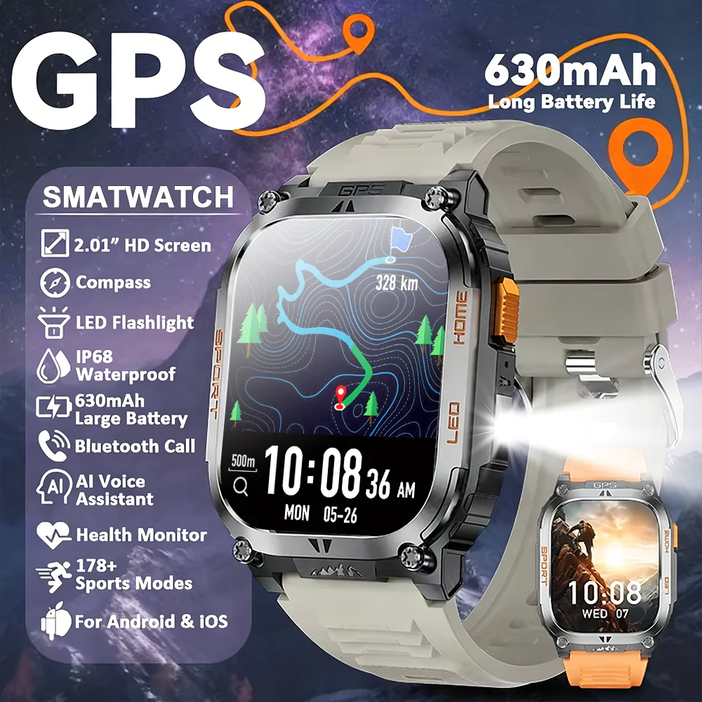 GPS Five-system positioning Smart Watch LED Flashlight IP68 Waterproof 2.01inch HD 630 Large Battery BT Call Sport Smart watch