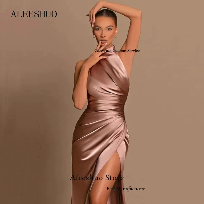 Aleeshuo Elegant Long Pleated Evening Dress Satin Mermaid Halter High Side Slit Sleeveless Floor Length Formal Party Dress