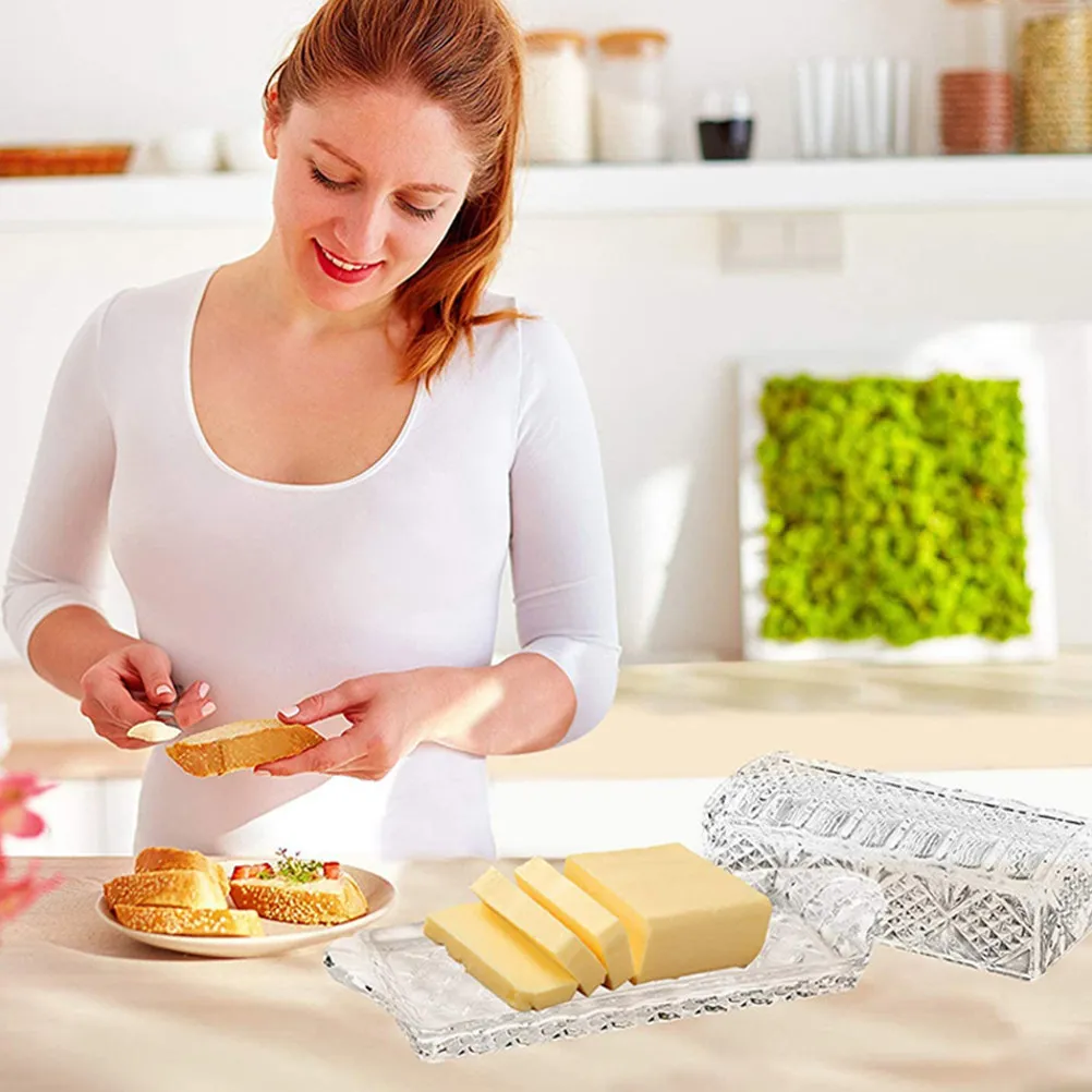 

1 шт. Прямоугольная стеклянная коробка для масла премиум-класса с рельефным узором, сохраняющая свежесть, идеально подходит для дома, отеля, сервировки стола, хрусталь