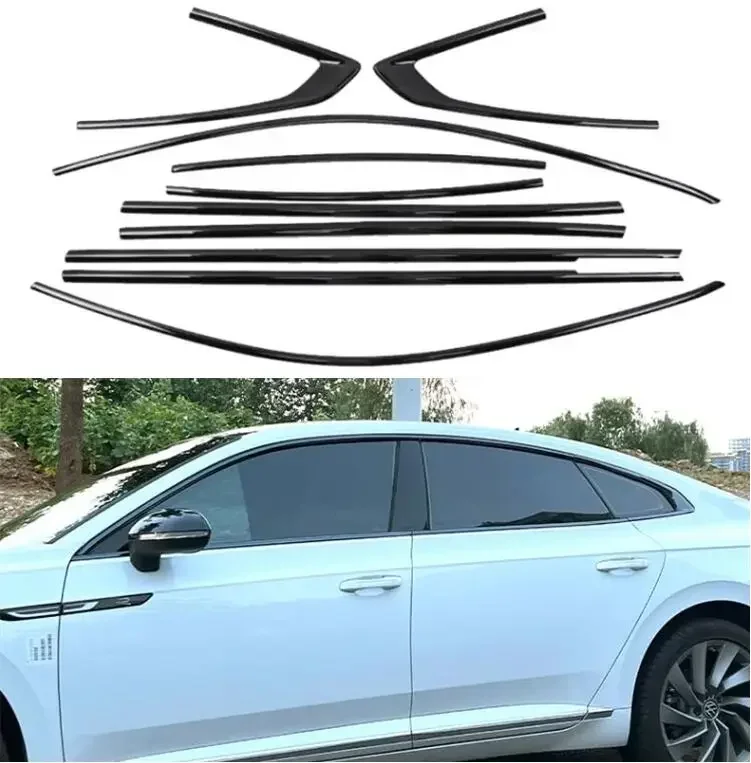 Black Full Window Sill Door Frame Center Pillars Molding Trims Cover For VW Arteon  CC 2019 2020 2021 2022 2023 2024