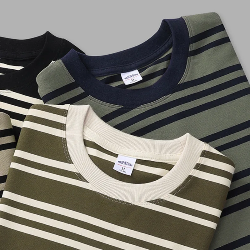 Camiseta de manga larga Unisex con puños acanalados a rayas y bloques de Color holgados con cuello redondo estilo universitario de algodón lavado de estilo japonés para hombres