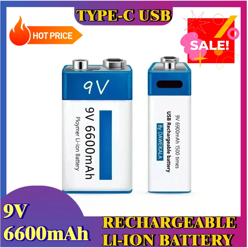 

9V 6600mAh Type-C USB for Multimeter Microphone Toy Remote Control Rechargeable Li-ion Battery