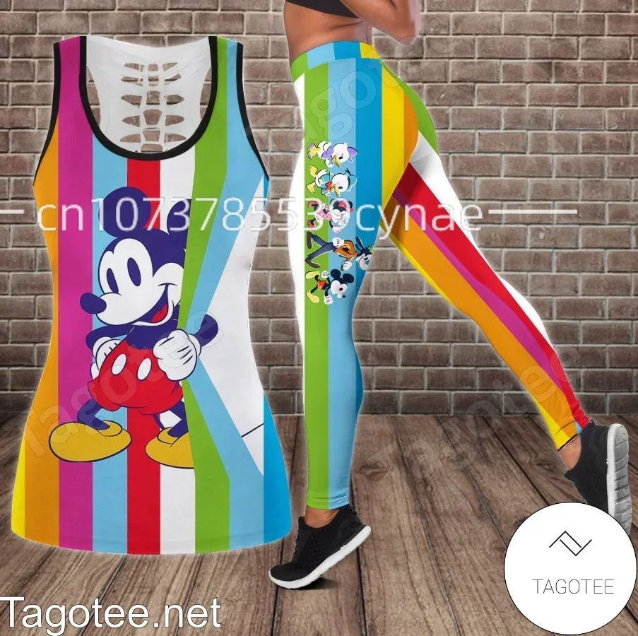 Disney-Chaleco hueco de Mickey y Minnie para mujer, traje de Yoga, Leggings de Fitness, traje deportivo, camiseta sin mangas, conjunto de mallas