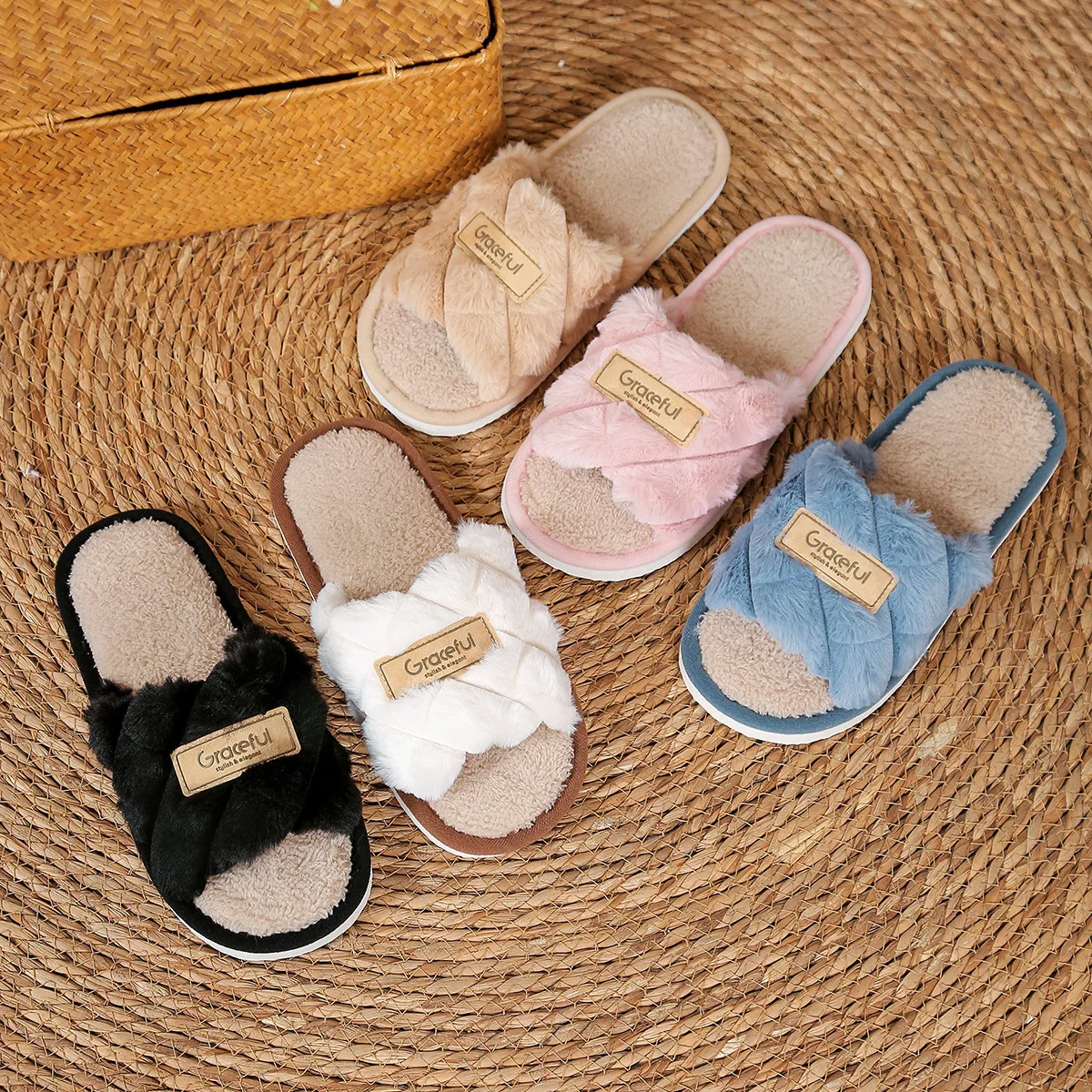 

Couples Furry Home Slippers In Stock New Open Toe Design Warm Spring Autumn & Summer Floor Slippers for Men & Women