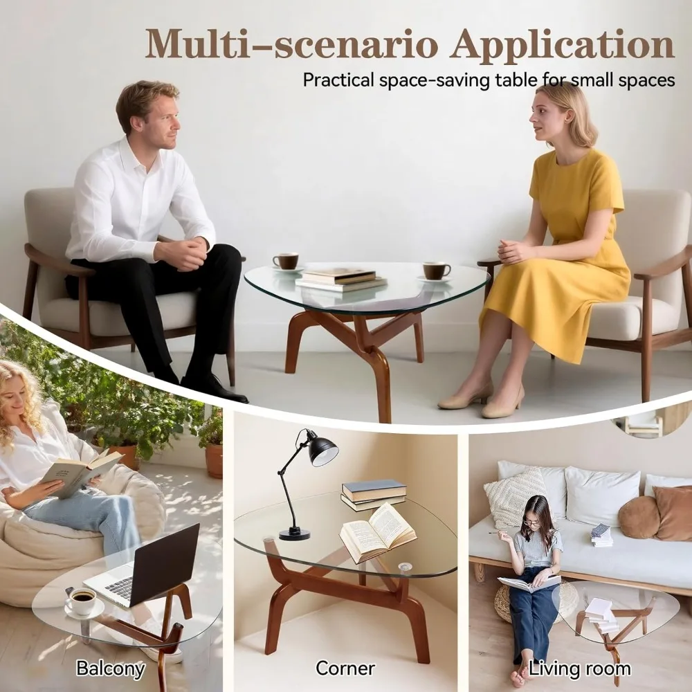 Contemporary Tempered Glass Coffee Table with Rubber Wood Triangle Base for Living Spaces